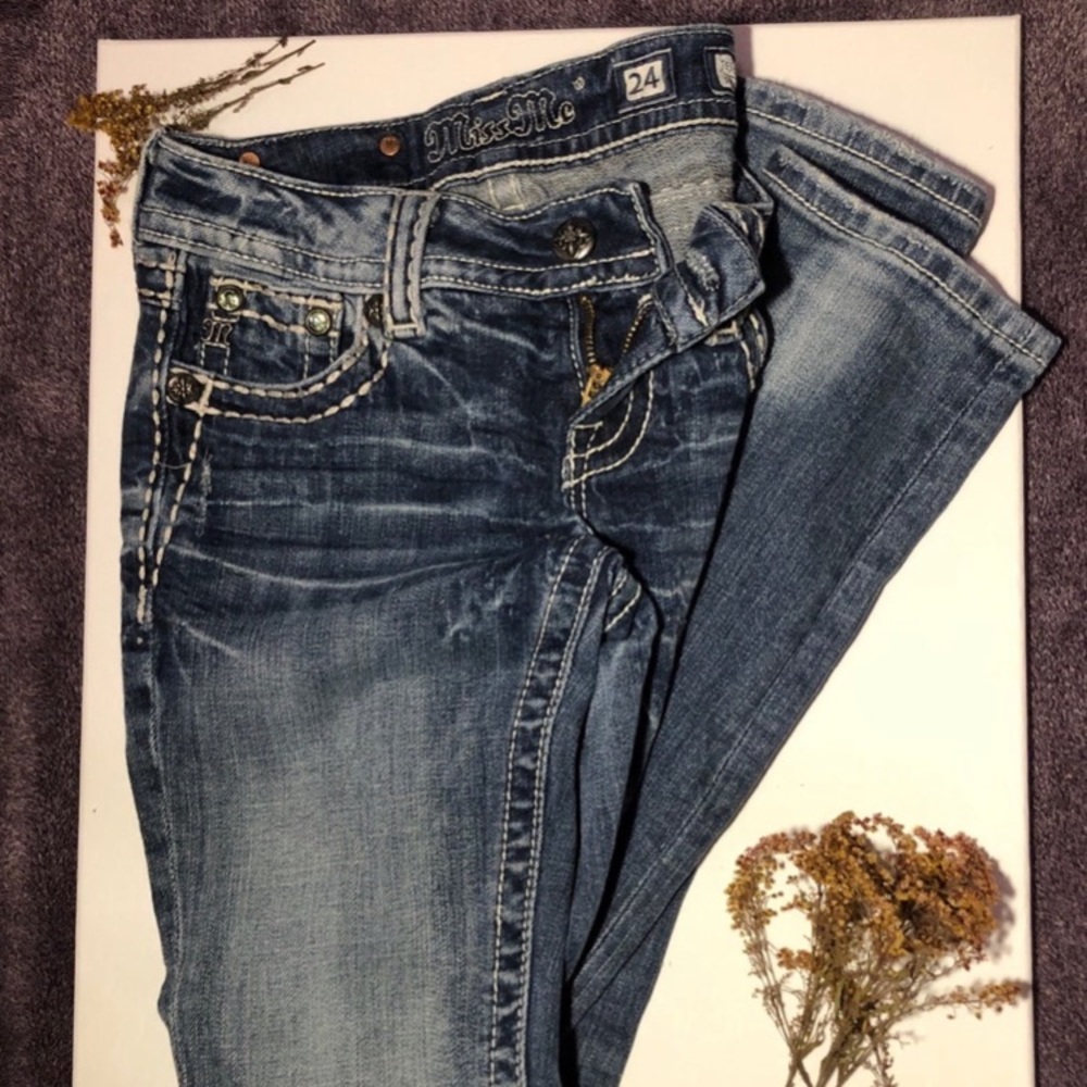 MissMe 24in blue embellished jeans, straight cut